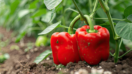 Two ripe red bell peppers in the greenhouse, showing the vibrant and healthy harvest of organic farming.の素材