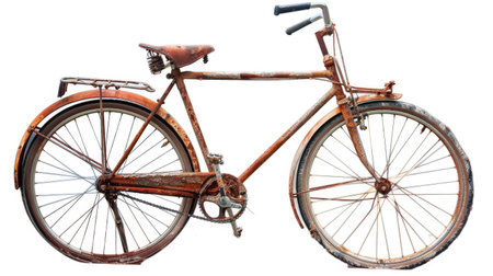 Vintage rusty bicycle isolated on a white background, capturing the aged beauty and nostalgic charm of classic cycling.の素材