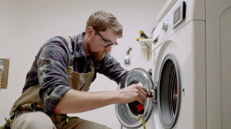 Repairman expertly servicing a washing machine on an isolated white background. Trust our skilled technicians for appliance care.の素材