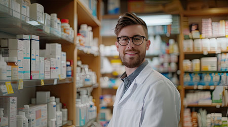 young, professional pharmacist at work, offering friendly service. Our pharmacy is your go-to for expert advice and reliable medication solutionsの素材