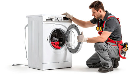Repairman expertly servicing a washing machine on an isolated white background. Trust our skilled technicians for appliance care.の素材