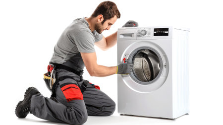 Repairman expertly servicing a washing machine on an isolated white background. Trust our skilled technicians for appliance care.の素材