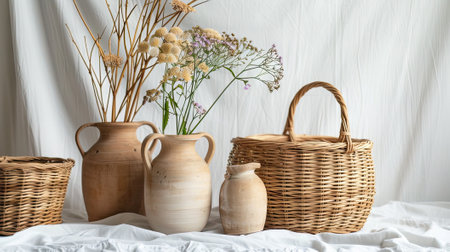 Handmade wicker basket, crafted from wooden rods, presenting rustic elegance. Elevate your home decor with timeless craftsmanshipの素材
