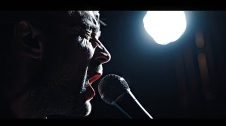 Close-up of a man singing passionately to a microphone in the atmospheric darkness. Feel the emotional resonance of live music.の素材