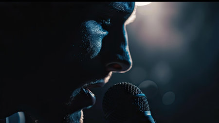 Close-up of a man singing passionately to a microphone in the atmospheric darkness. Feel the emotional resonance of live music.の素材