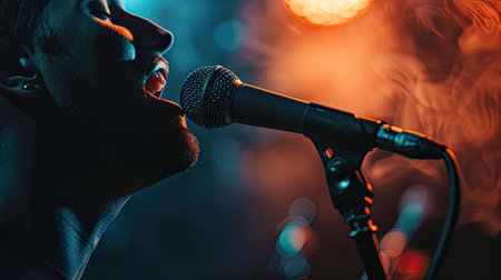 Close-up of a man singing passionately to a microphone in the atmospheric darkness. Feel the emotional resonance of live music.の素材