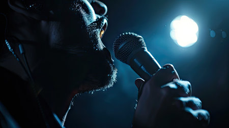 Close-up of a man singing passionately to a microphone in the atmospheric darkness. Feel the emotional resonance of live music.の素材