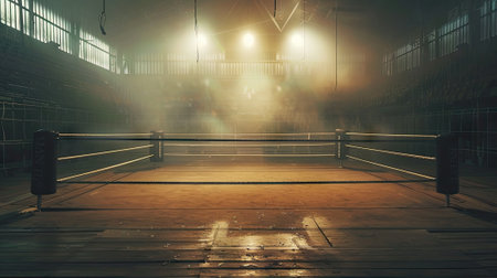 An empty boxing ring, capturing the anticipation and energy before the sporting spectacle. Witness the calm before the fight.の素材