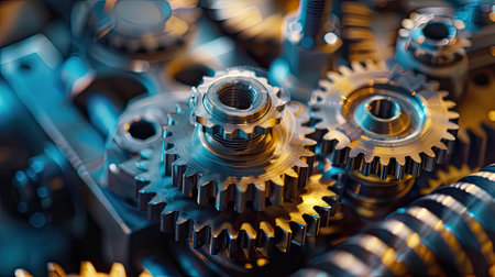 Intricate mechanical dance: Gears interconnecting in a captivating background. Witness the synergy of precision engineeringの素材