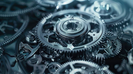 Intricate mechanical dance: Gears interconnecting in a captivating background. Witness the synergy of precision engineeringの素材