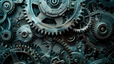 Intricate mechanical dance: Gears interconnecting in a captivating background. Witness the synergy of precision engineeringの素材