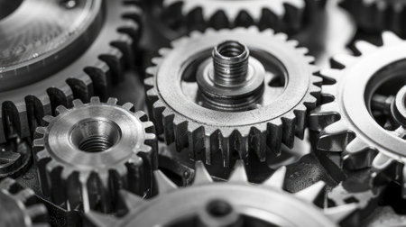 Intricate mechanical dance: Gears interconnecting in a captivating background. Witness the synergy of precision engineeringの素材