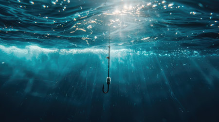 Underwater allure: A fishhook in the sea, capturing the essence of angling in the marine world. Dive into the adventure of oceanic explorationの素材