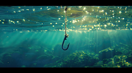 Underwater allure: A fishhook in the sea, capturing the essence of angling in the marine world. Dive into the adventure of oceanic explorationの素材
