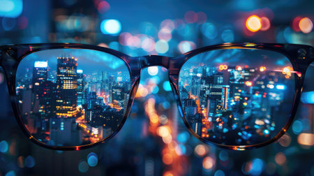 A mesmerizing night cityscape captured in the reflection of glasses. Experience the urban brilliance through a unique eyewear perspectiveの素材