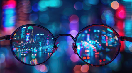 A mesmerizing night cityscape captured in the reflection of glasses. Experience the urban brilliance through a unique eyewear perspectiveの素材