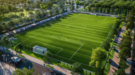 An expansive football ground capturing the essence of outdoor sports. Experience the thrill of team play in this sports haven.の素材