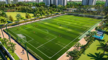 An expansive football ground capturing the essence of outdoor sports. Experience the thrill of team play in this sports haven.の素材