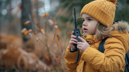 A small girl playing with walkie-talkies in an outdoor adventure, communicating messages with parents.の素材