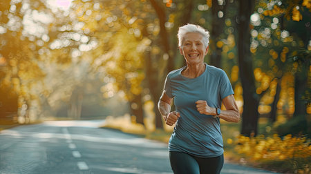 Senior woman embracing outdoor fitness, joyfully running on a tree-lined road. Elevate your wellness with the beauty of natureの素材