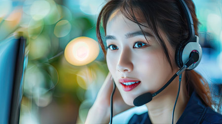 Asian businesswoman excelling in customer service, donning a headset and working with a computer. Elevate your business support with our diverse and professional team!の素材