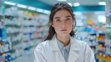 young, professional pharmacist at work, offering friendly service. Our pharmacy is your go-to for expert advice and reliable medication solutionsの素材