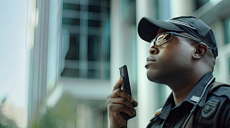Intense close-up of a security guard, focused and equipped with a walkie-talkie, ensuring precision in communication. Your safety is our priority.の素材
