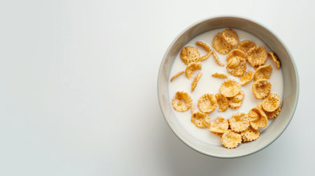 simplicity and freshness of a cereal bowl with milk, isolated on a clean white background.の素材