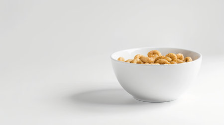 simplicity and freshness of a cereal bowl with milk, isolated on a clean white background.の素材