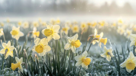 A breathtaking image of a vibrant field of daffodils blooming in a frosty January morning.の素材