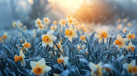 A breathtaking image of a vibrant field of daffodils blooming in a frosty January morning.の素材