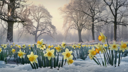 A breathtaking image of a vibrant field of daffodils blooming in a frosty January morning.の素材