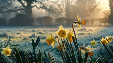 A breathtaking image of a vibrant field of daffodils blooming in a frosty January morning.の素材