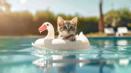 A delightful image of a realistic kitten wearing an inflatable swan floatie, enjoying a sunny day in the pool.の素材