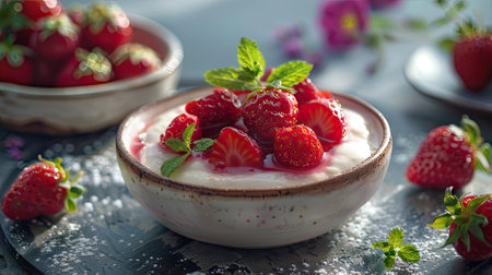 Sweet Morning Delight - A mouthwatering image of strawberry jam with yogurtの素材