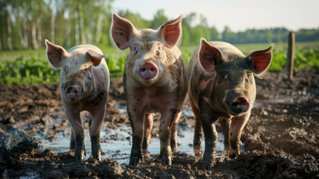 pigs standing in mud, enjoying a sunny summer day on the farmの素材