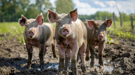 pigs standing in mud, enjoying a sunny summer day on the farmの素材