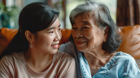pure beauty and connection between a young Asian lady and her grandmother.の素材