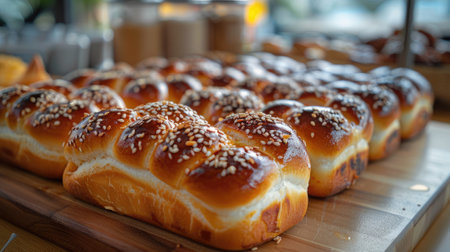 photo capturing neatly arranged buns on a plate, highlighting the tempting golden color of their enticing skin. Culinary perfection on displayの素材