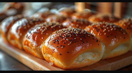 photo capturing neatly arranged buns on a plate, highlighting the tempting golden color of their enticing skin. Culinary perfection on displayの素材