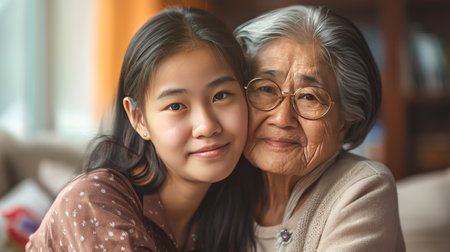 pure beauty and connection between a young Asian lady and her grandmother.の素材