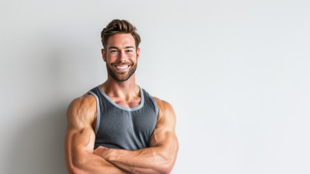 A photo-realistic portrayal of an American male personal trainer with a confident smile, showing his fit physique above the wrist. Ideal for fitness and wellness promotionsの素材