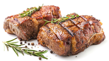 Grill Masterpiece - Two succulent pieces of roast beef, expertly grilled to perfection, showcased from a side angle. Crispy skin and fresh color pop on a clean white backgroundの素材