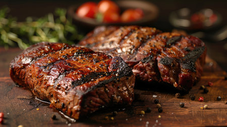Grill Masterpiece - Two succulent pieces of roast beef, expertly grilled to perfection, showcased from a side angle. Crispy skin and fresh color popの素材