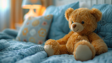 Cozy Companionship - A teddy bear placed on a sofa in a children's room, creating a heartwarming and playful atmosphere. Perfect for showcasing the charm of kids' spaces and interior decorの素材