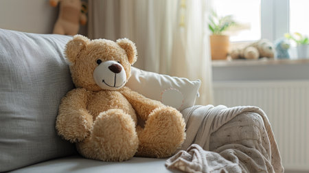 Cozy Companionship - A teddy bear placed on a sofa in a children's room, creating a heartwarming and playful atmosphere. Perfect for showcasing the charm of kids' spaces and interior decorの素材