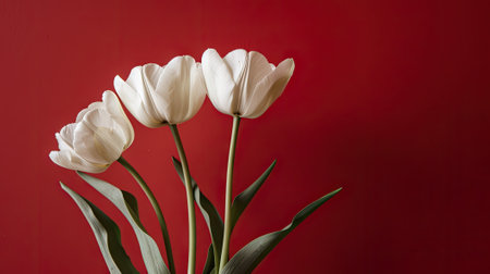 A minimalist arrangement of tulips on a bold red background. Capturing the essence of clean lines and subtle beautyの素材