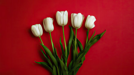 A minimalist arrangement of tulips on a bold red background. Capturing the essence of clean lines and subtle beautyの素材