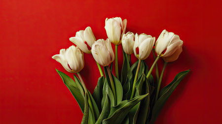 A minimalist arrangement of tulips on a bold red background. Capturing the essence of clean lines and subtle beautyの素材