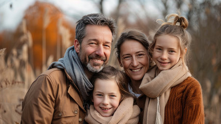 Family joy in nature! vibrant family portrait with a European family on a light background, showing a positive mood.の素材